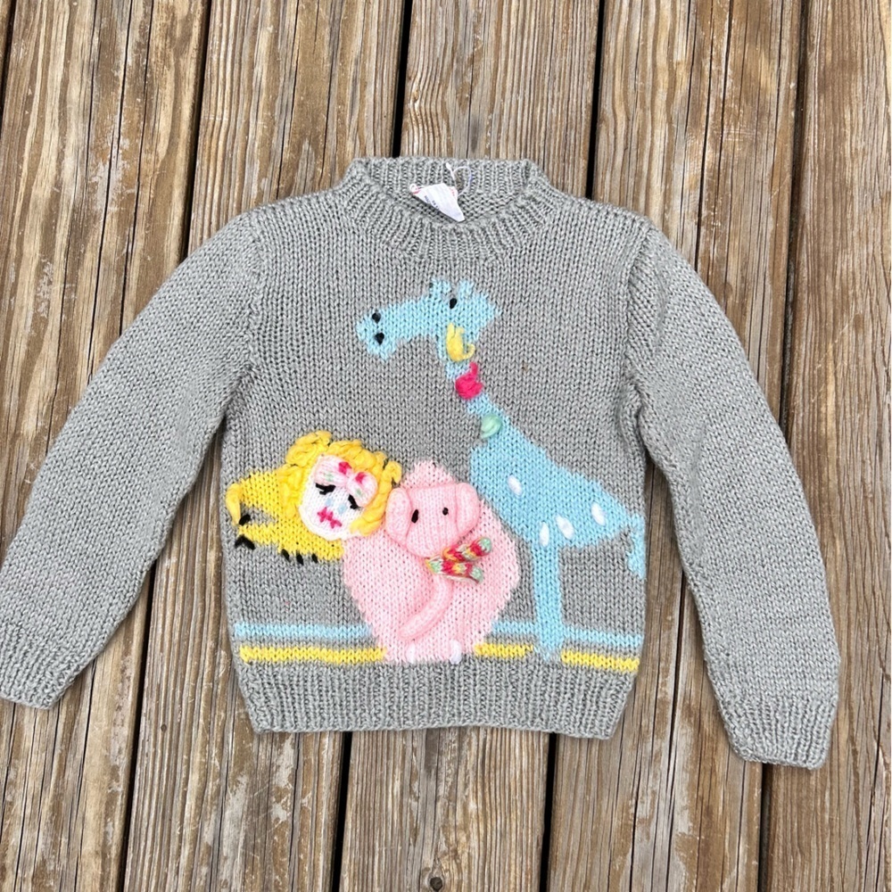 Vintage Popsicle Gray Kids Sweater with Animals giraffe elephant lion